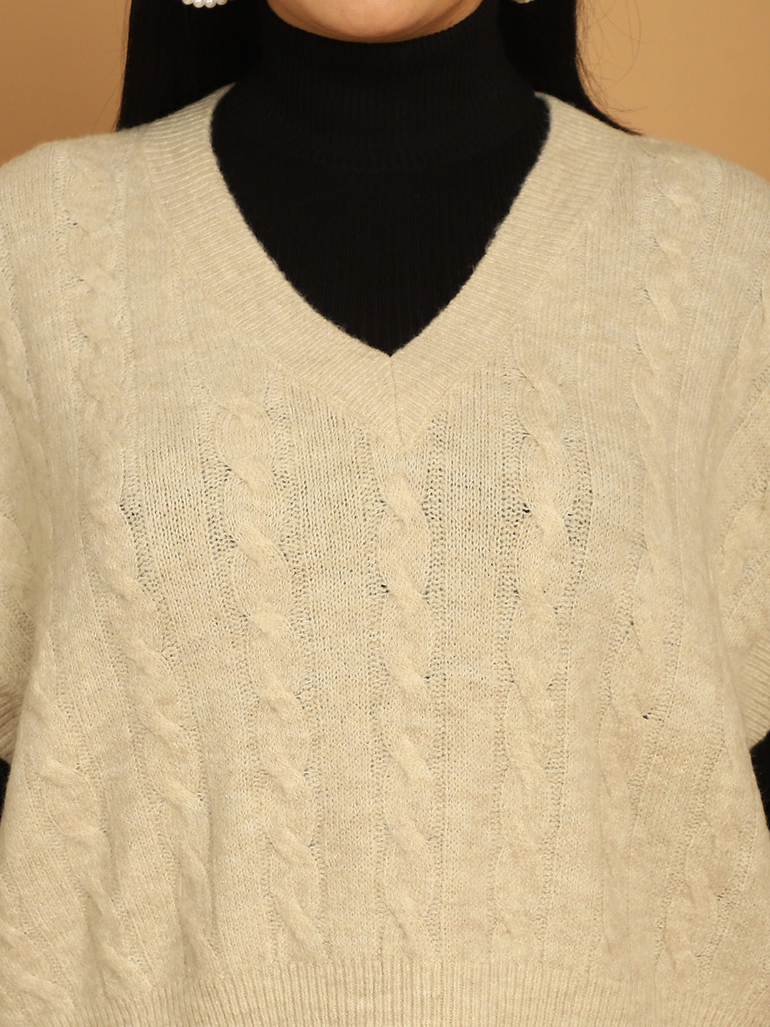 Acrylic V-Neck Vest Beige Sweater