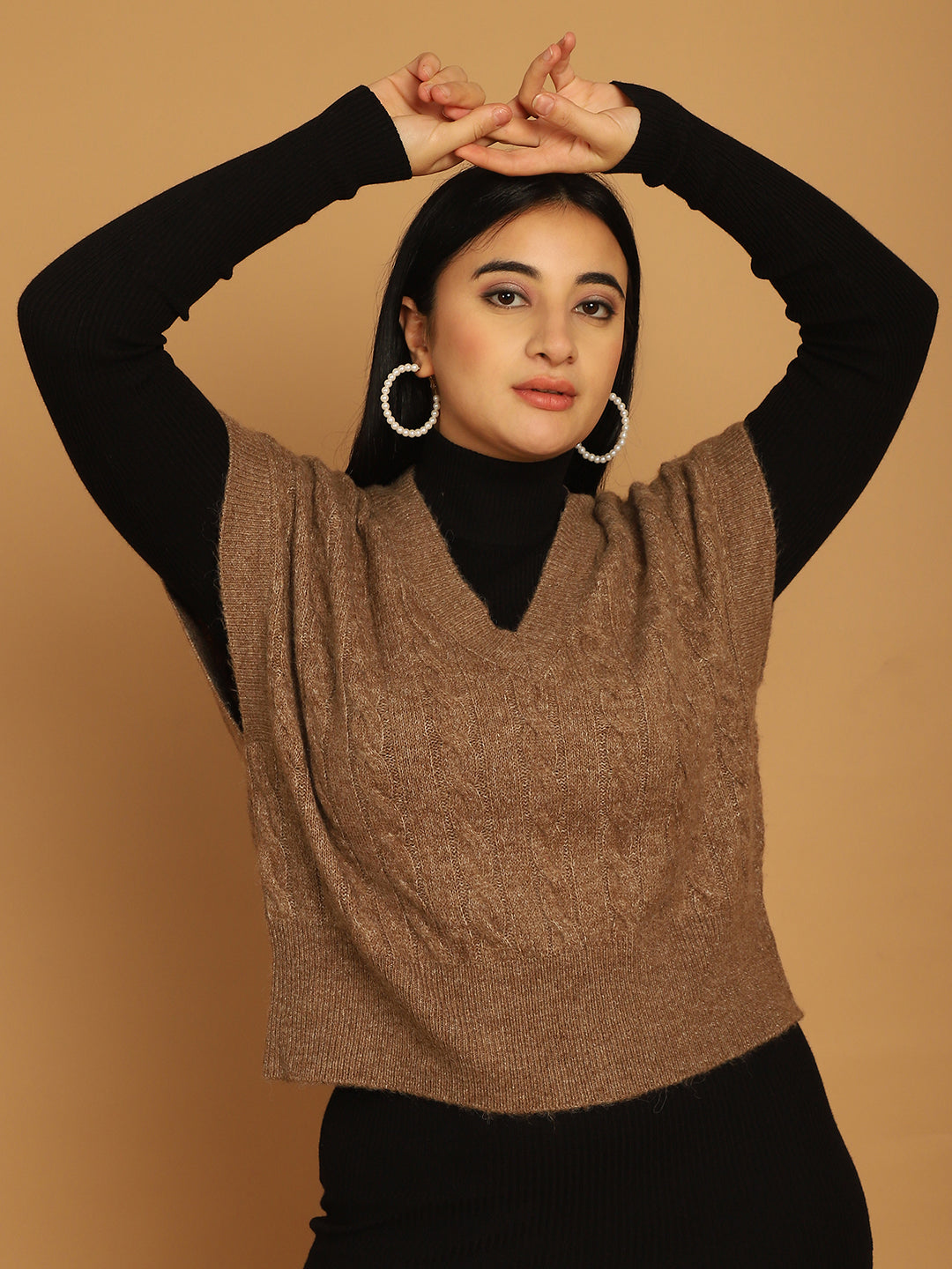 Acrylic V-Neck Vest Brown Sweater