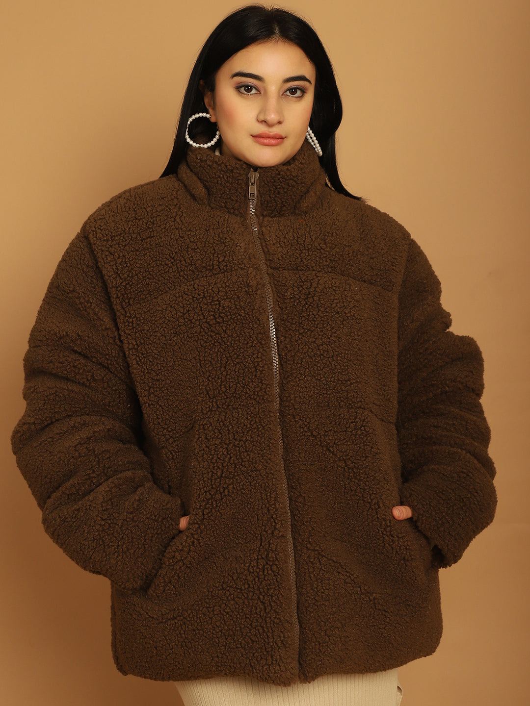 Oversize Polyester Full Sleeve Lichen Quilt Faux Fur Jacket