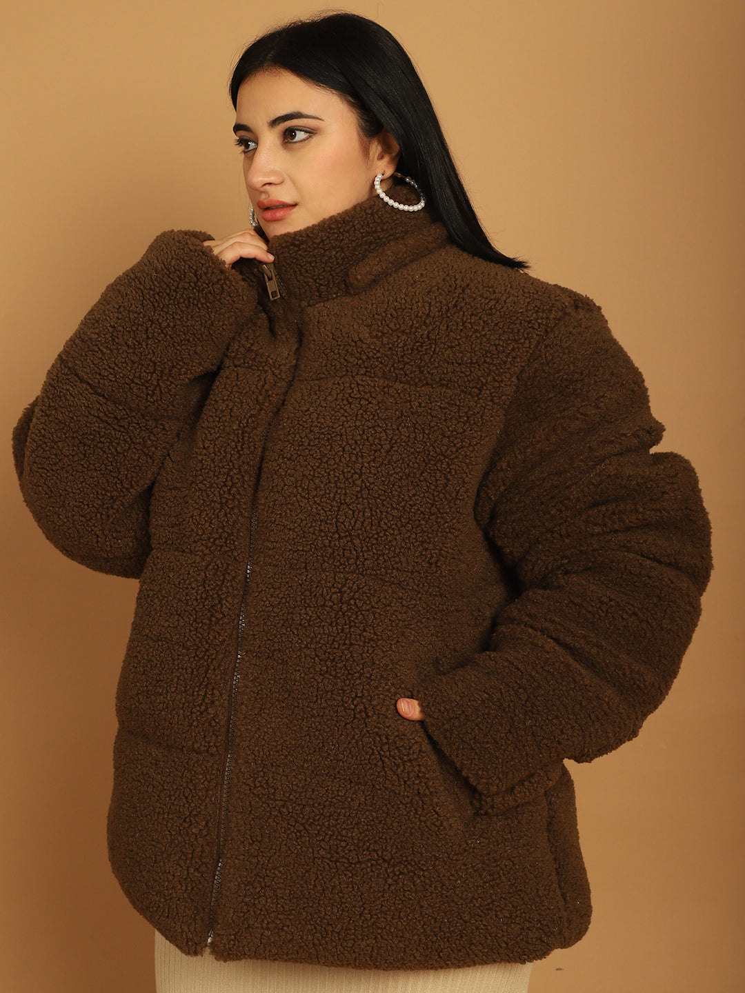 Oversize Polyester Full Sleeve Lichen Quilt Faux Fur Jacket