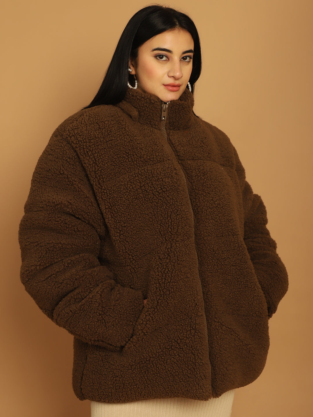 Oversize Polyester Full Sleeve Lichen Quilt Faux Fur Jacket