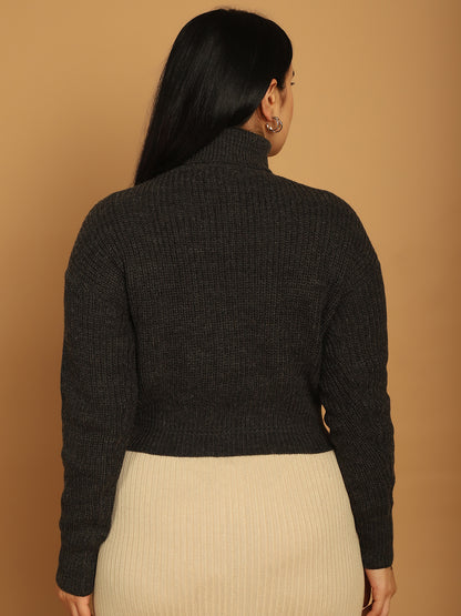 Acrylic Full Sleeve Solid Dark Grey Sweater