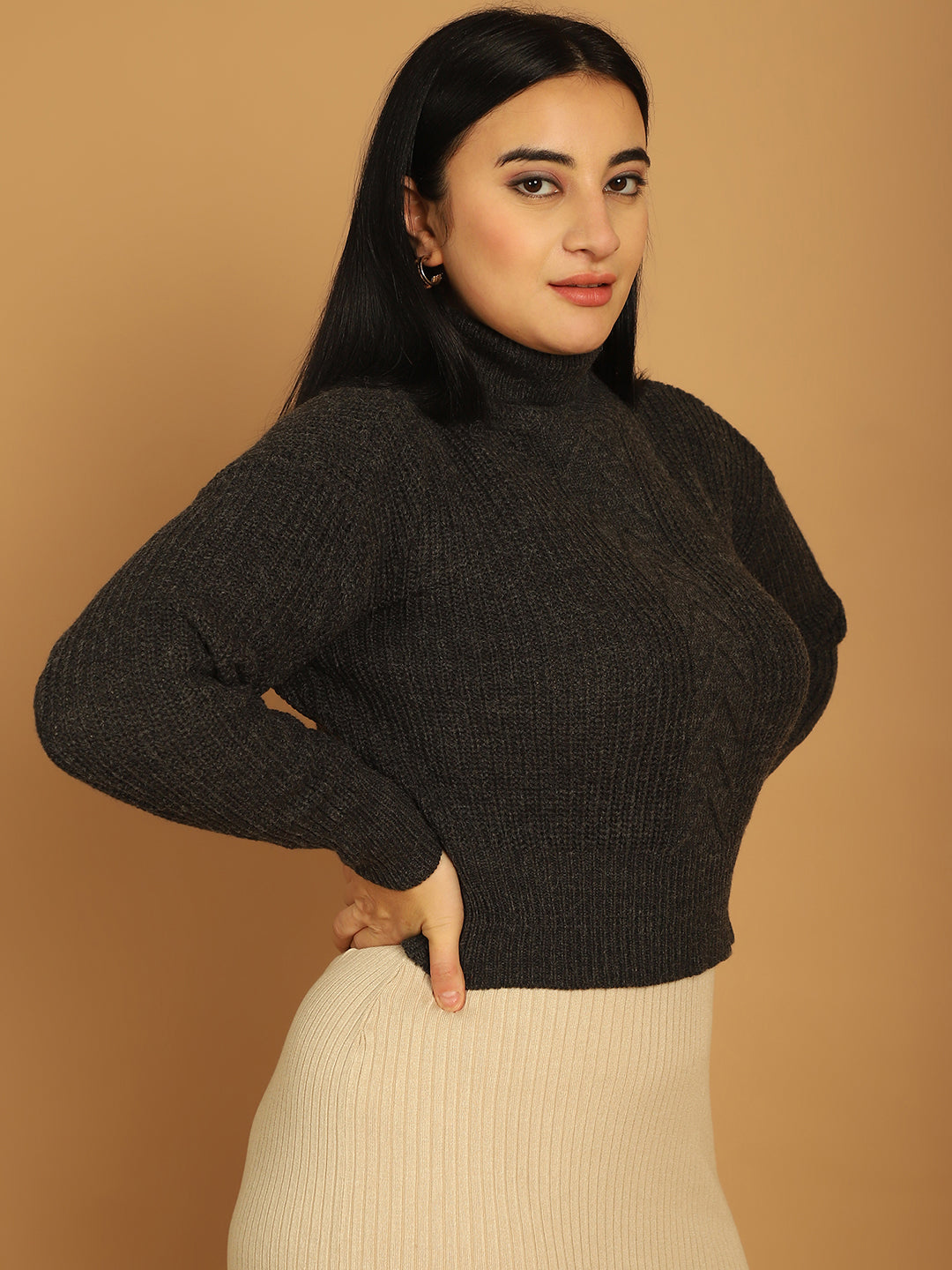 Acrylic Full Sleeve Solid Dark Grey Sweater