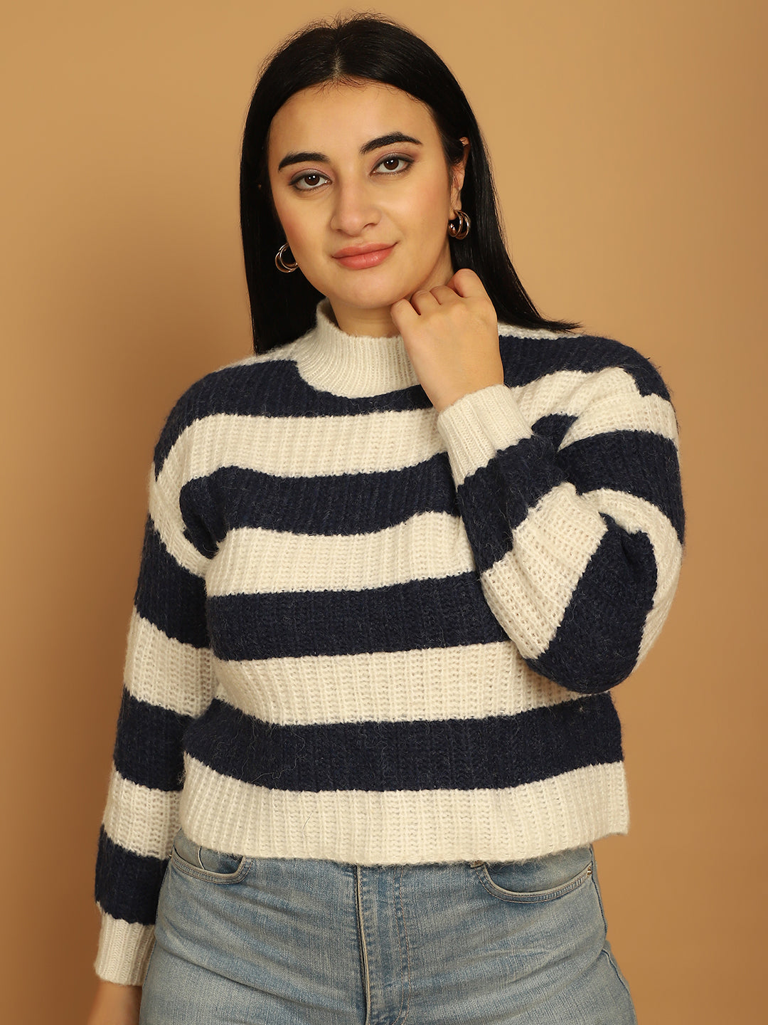 Cotton Pullover with striped Blue/White