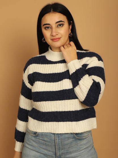 Cotton Pullover with striped Blue/White