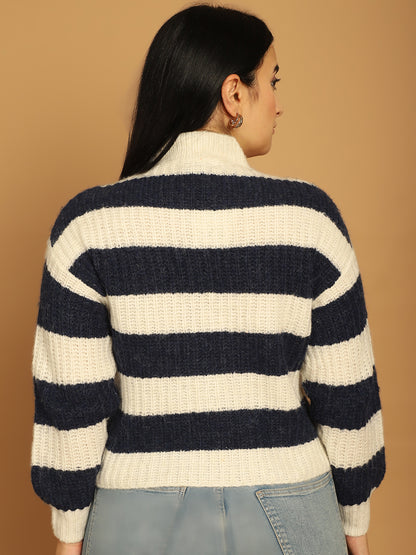 Cotton Pullover with striped Blue/White