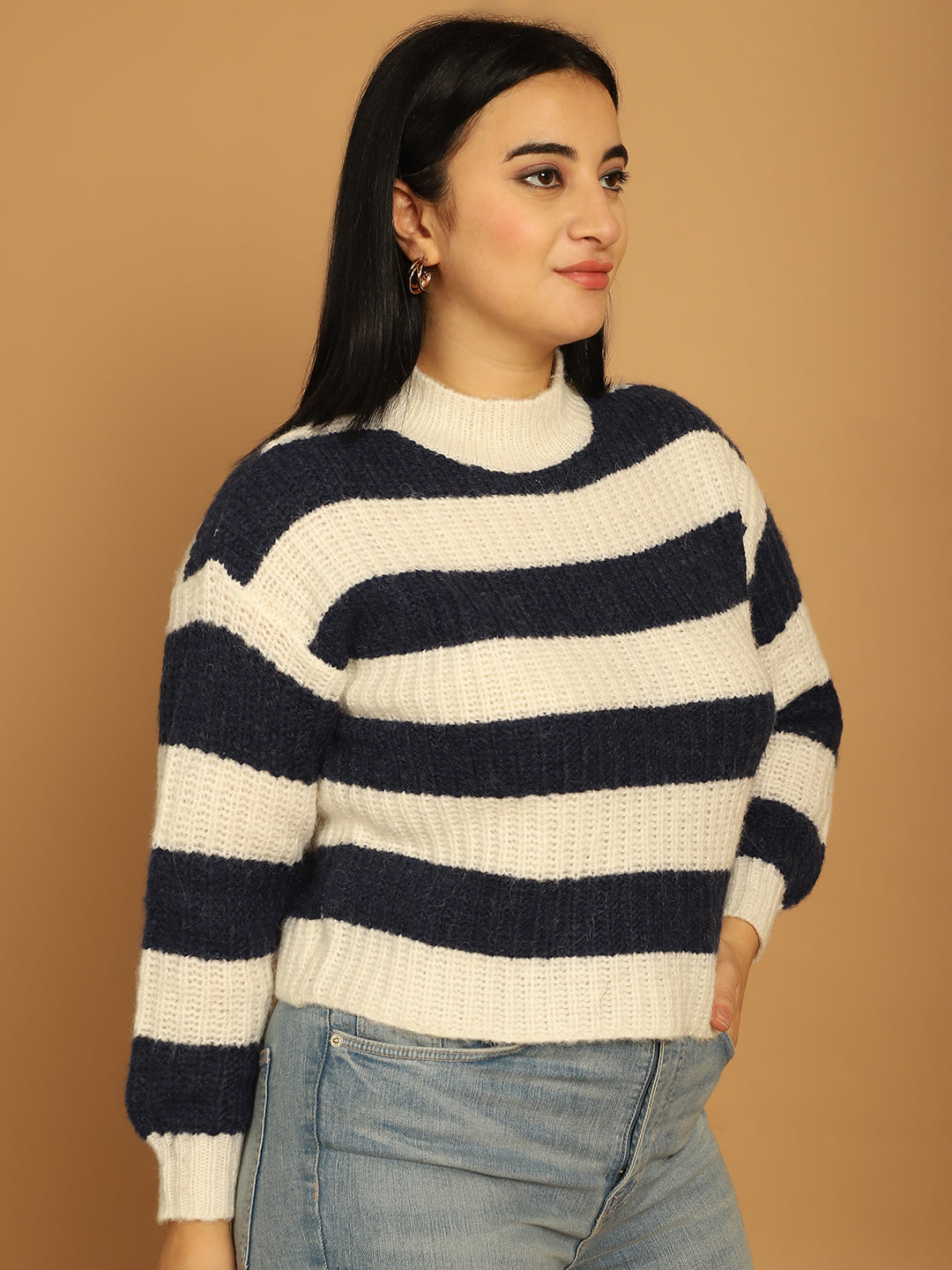 Cotton Pullover with striped Blue/White