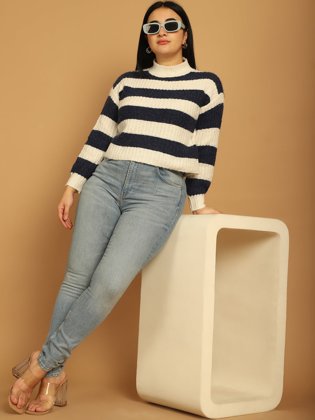 Cotton Pullover with striped Blue/White