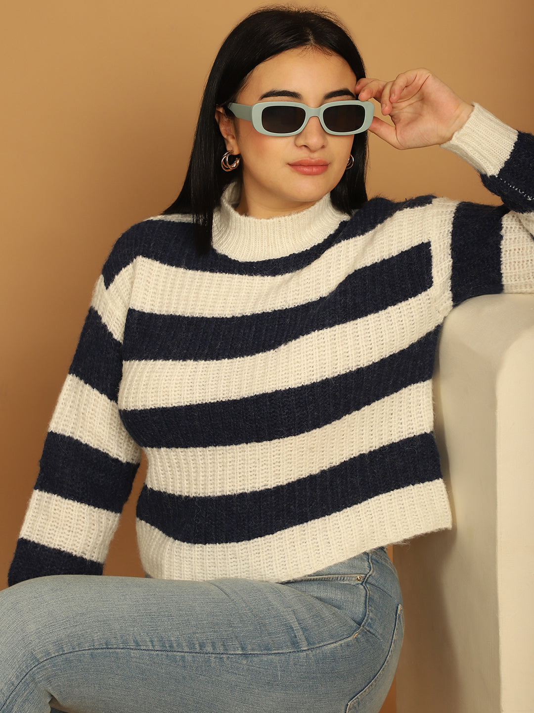 Cotton Pullover with striped Blue/White