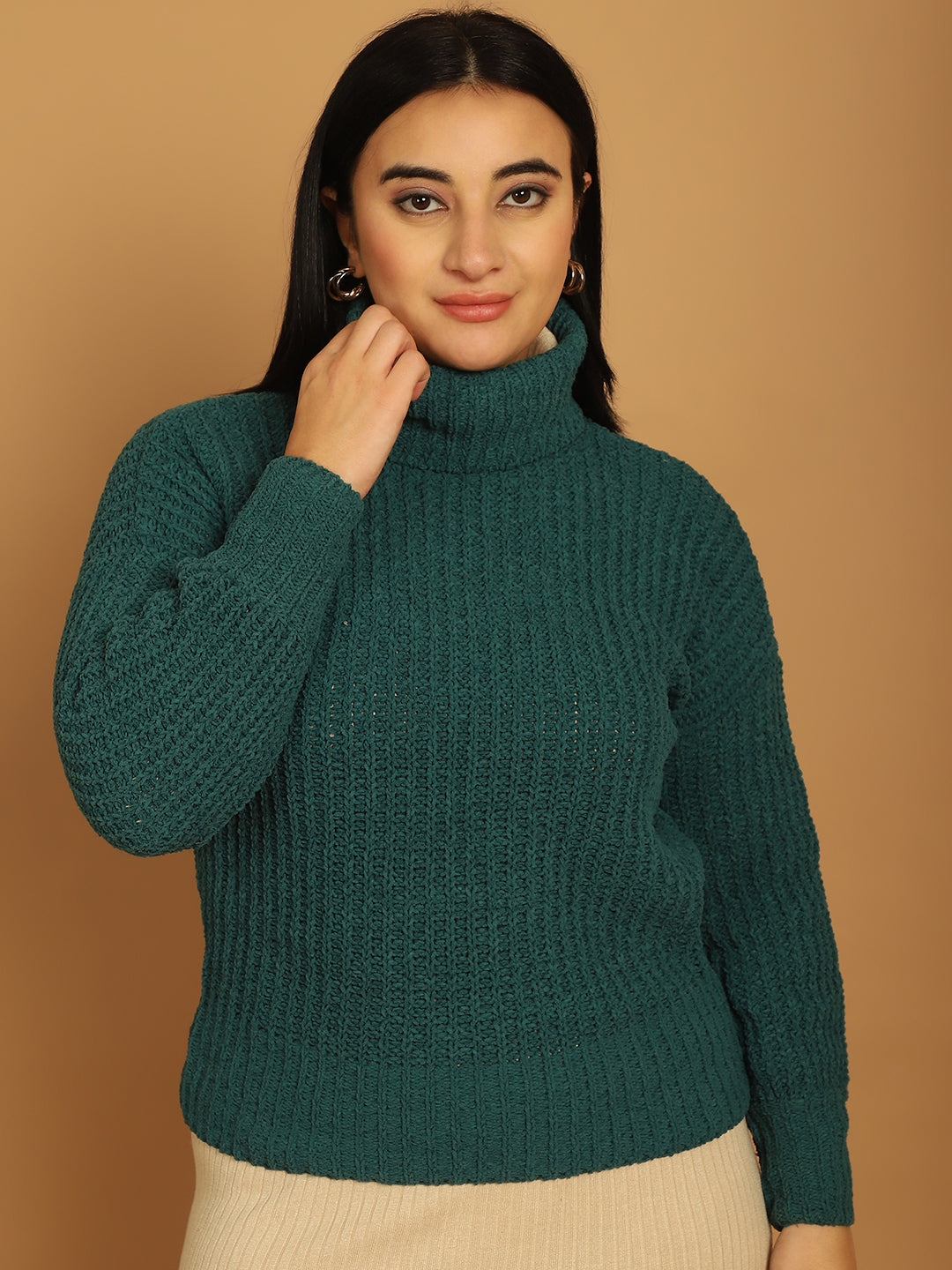 Acrylic Full Sleeve Solid Dark Green Sweater