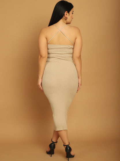 Viscose Sleeveless Bodycon Beige Dress