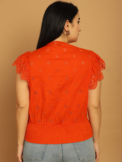 Cotton Ruffle Cap Sleeves Red Top