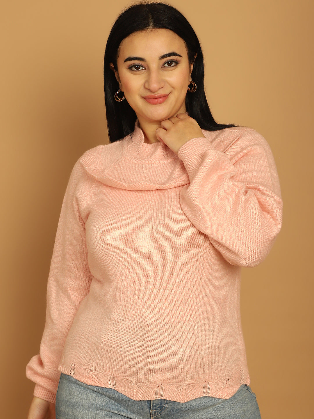 Acrylic Full Sleeve Solid Pink Sweater