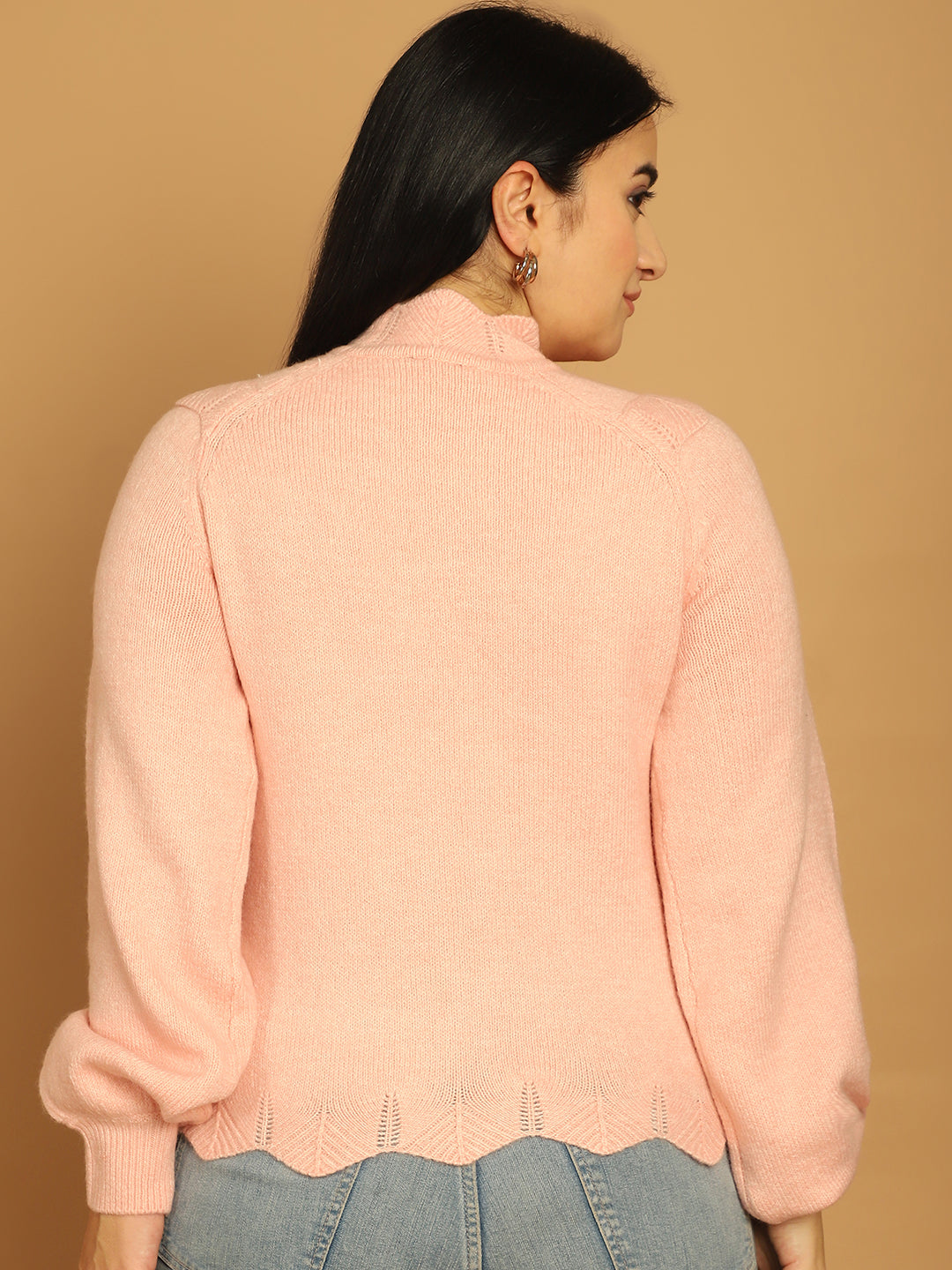 Acrylic Full Sleeve Solid Pink Sweater