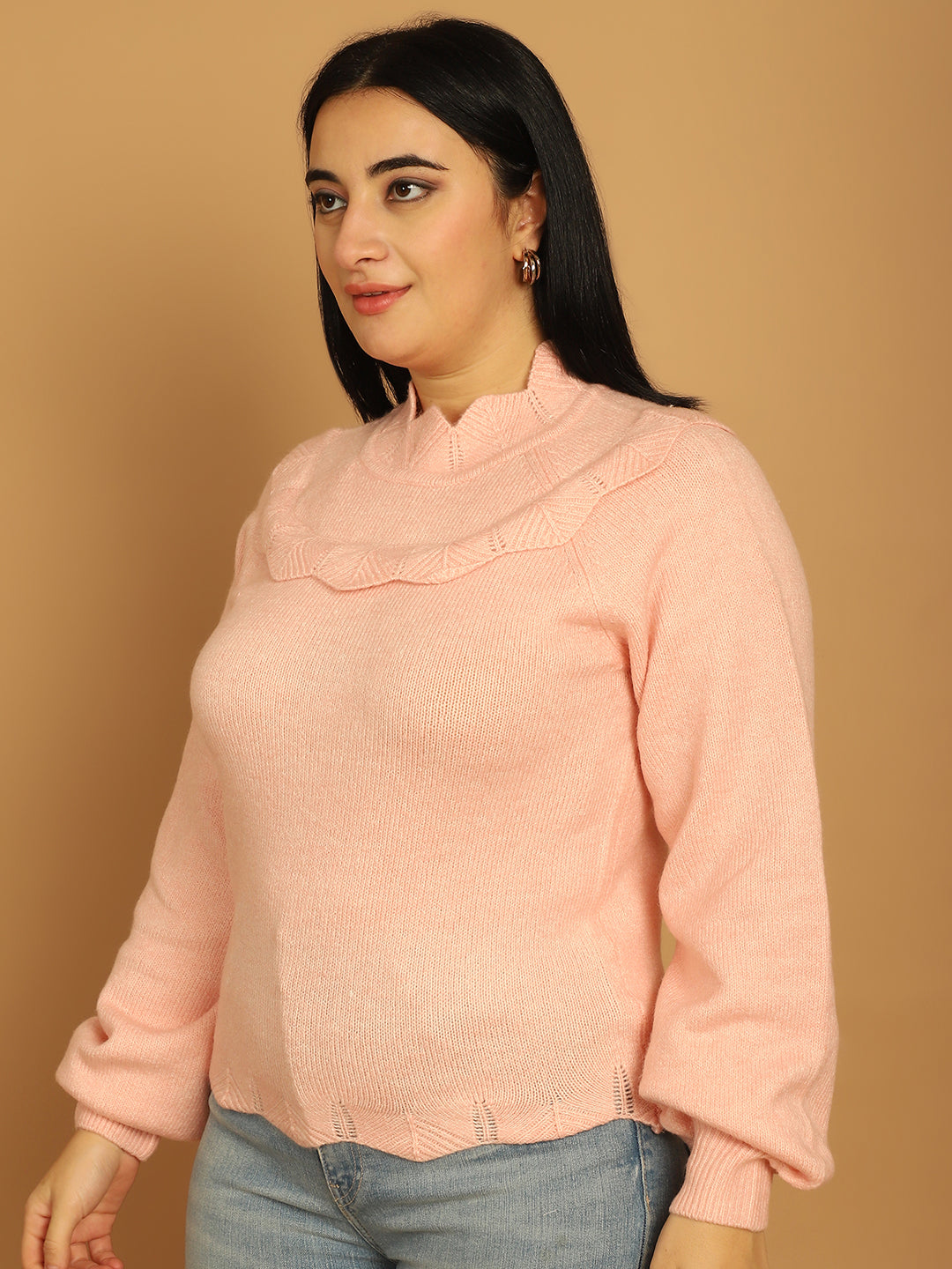 Acrylic Full Sleeve Solid Pink Sweater