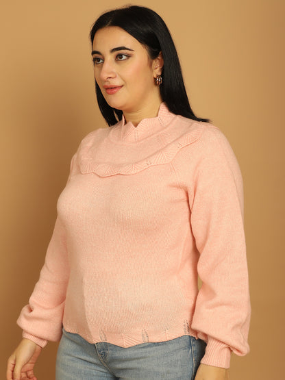 Acrylic Full Sleeve Solid Pink Sweater