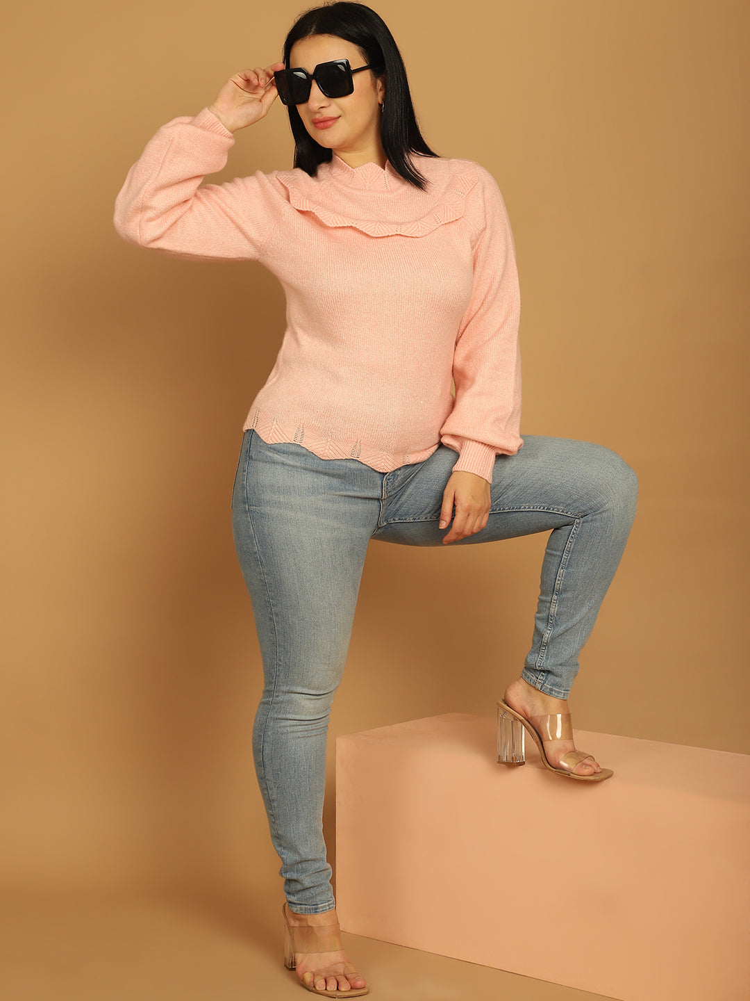 Acrylic Full Sleeve Solid Pink Sweater