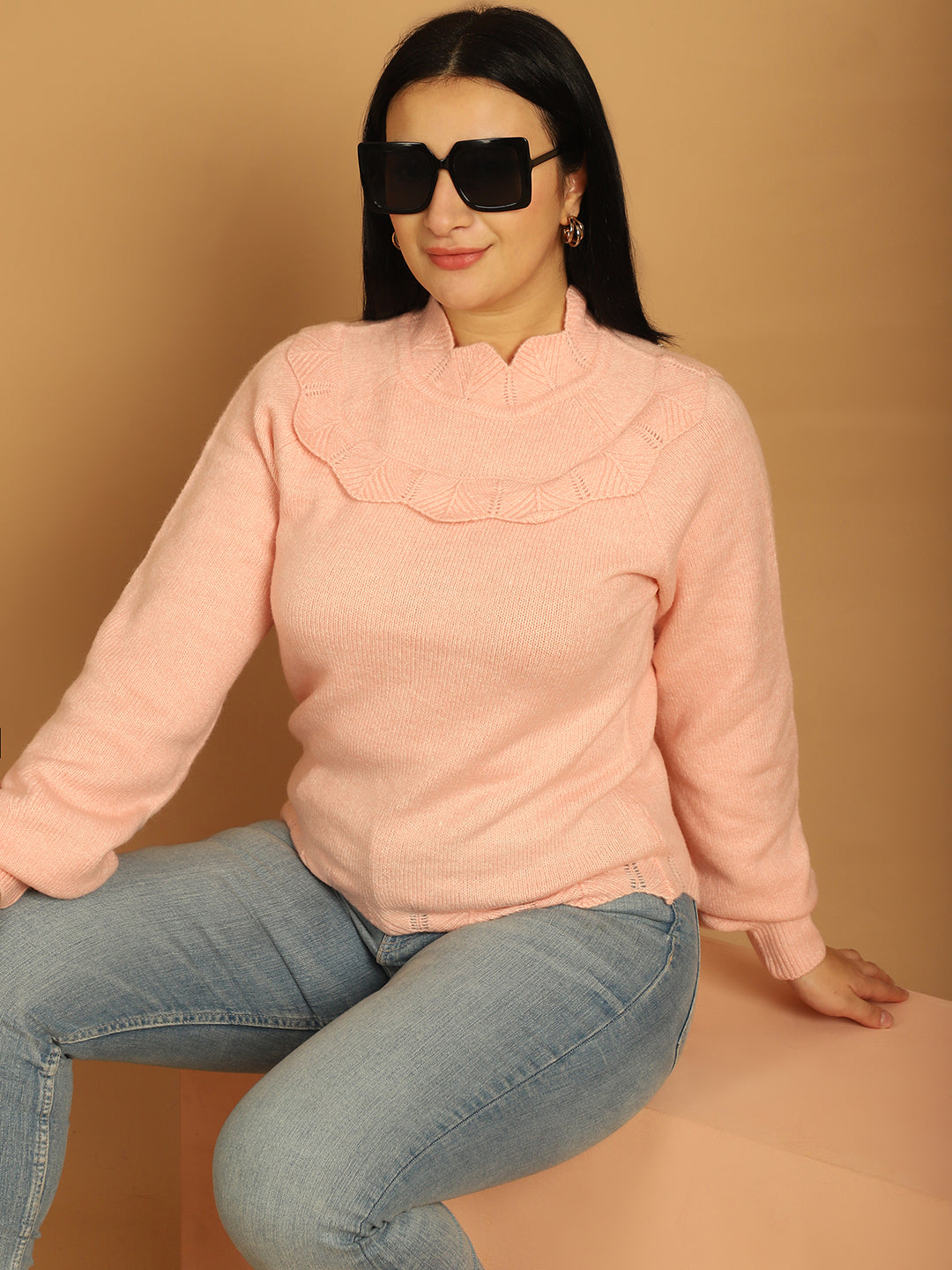 Acrylic Full Sleeve Solid Pink Sweater