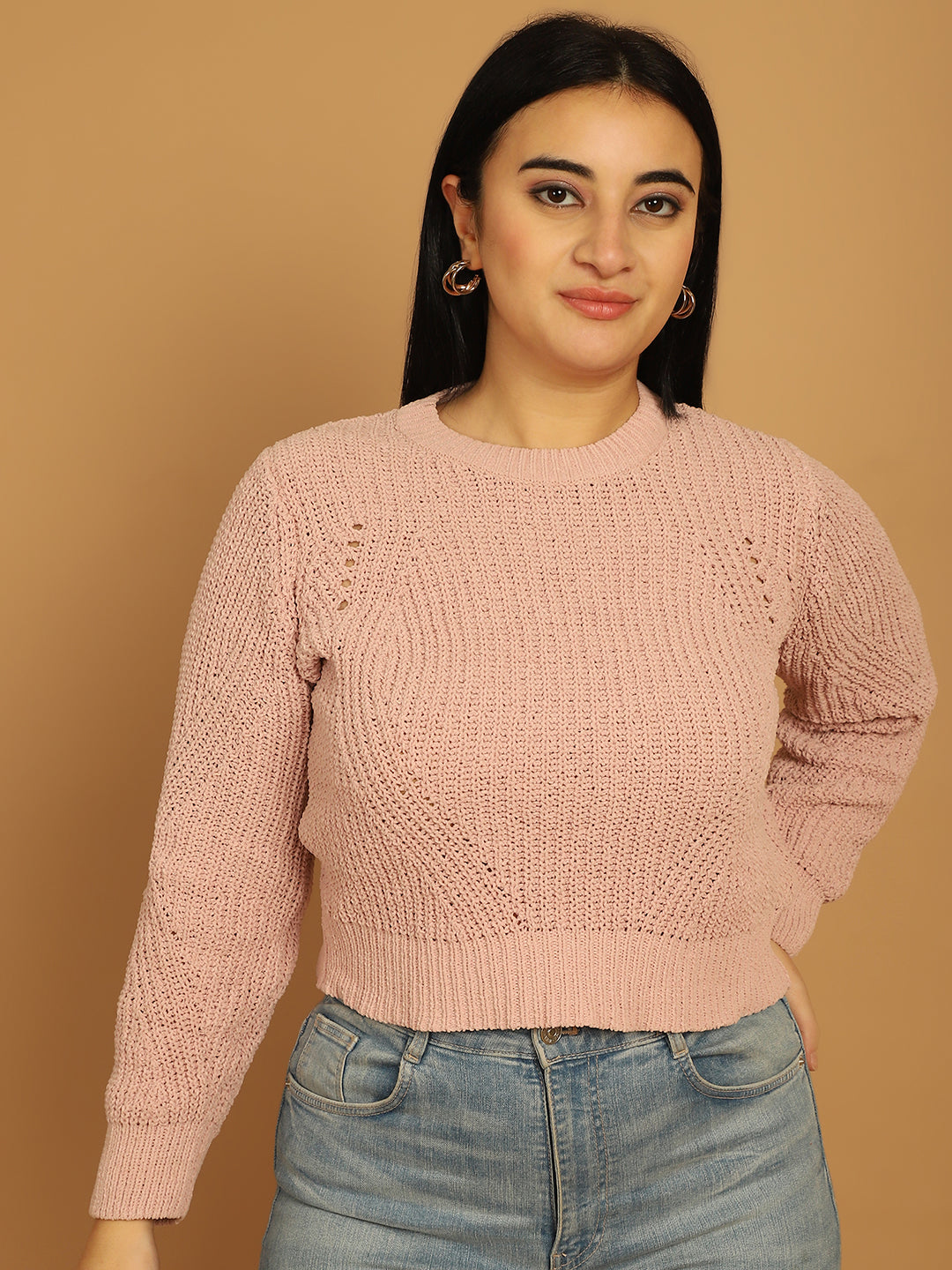 Polyester Full Sleeve Solid Peach Sweater