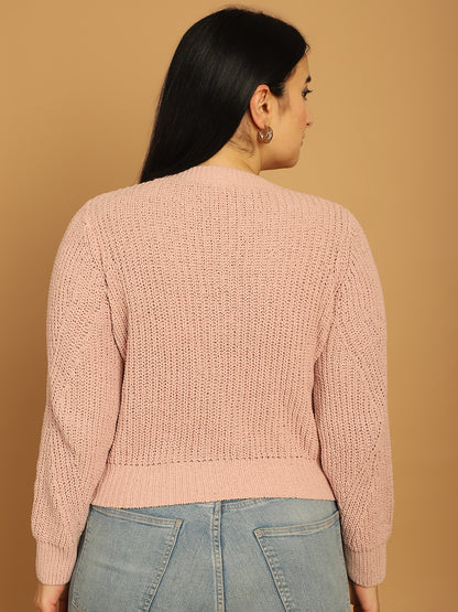 Polyester Full Sleeve Solid Peach Sweater