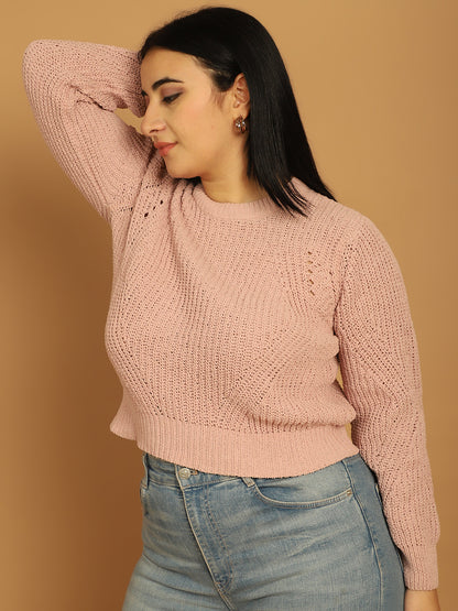 Polyester Full Sleeve Solid Peach Sweater