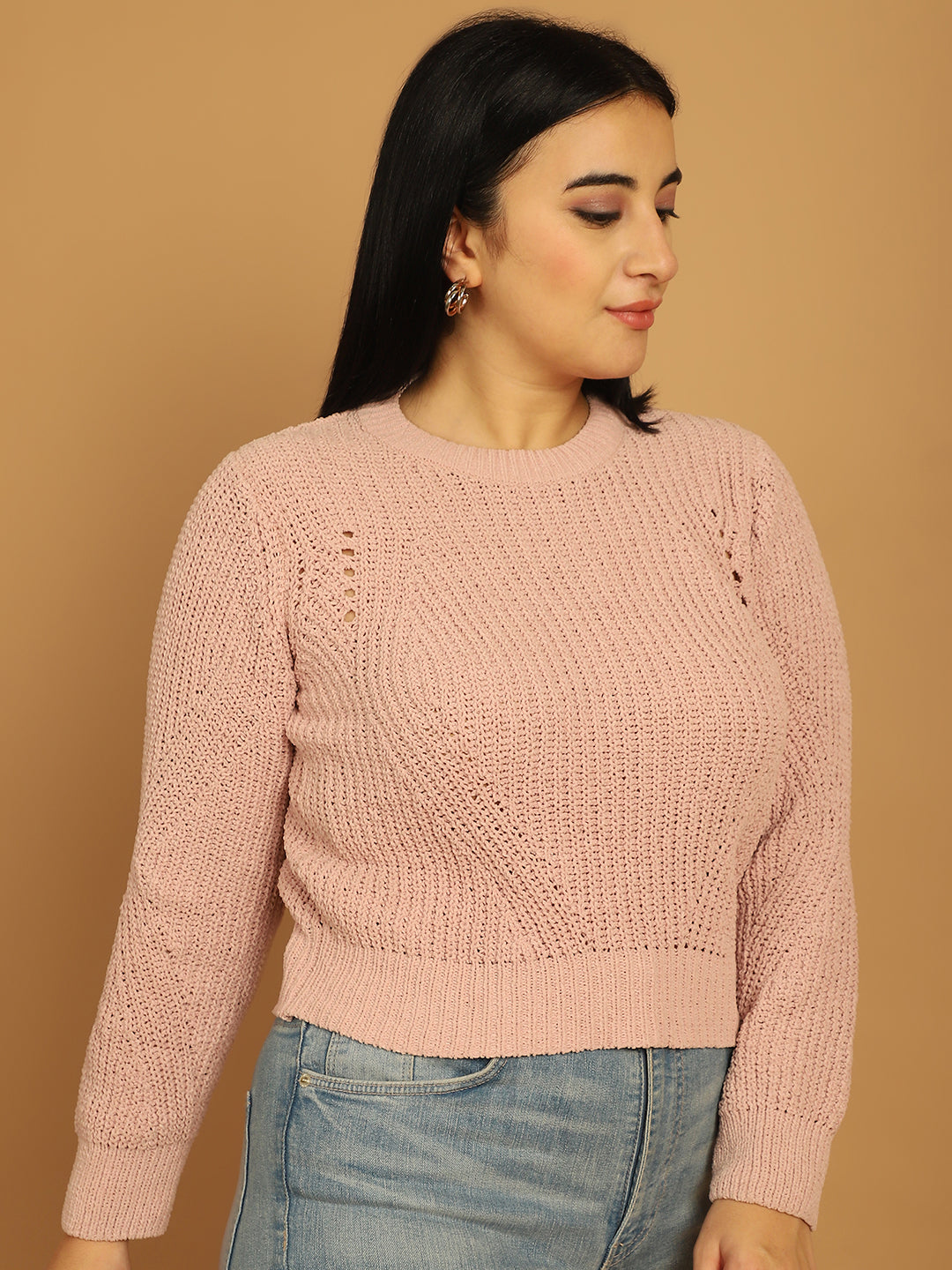 Polyester Full Sleeve Solid Peach Sweater