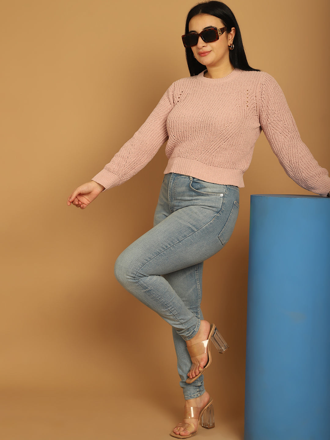 Polyester Full Sleeve Solid Peach Sweater