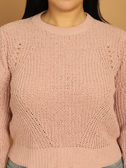 Polyester Full Sleeve Solid Peach Sweater