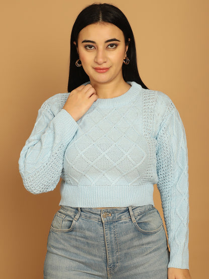 Acrylic Full Sky Blue Sleeve Crop Sweater