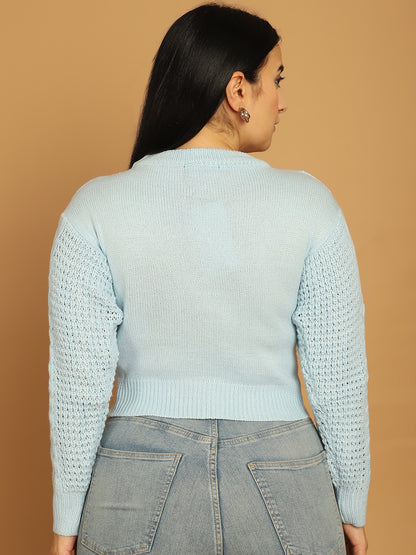 Acrylic Full Sky Blue Sleeve Crop Sweater