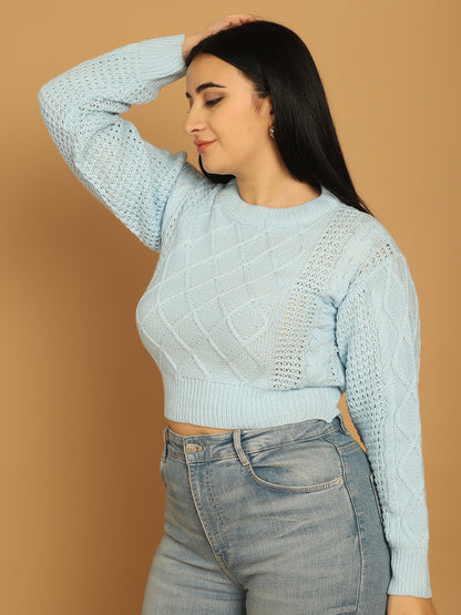 Acrylic Full Sky Blue Sleeve Crop Sweater