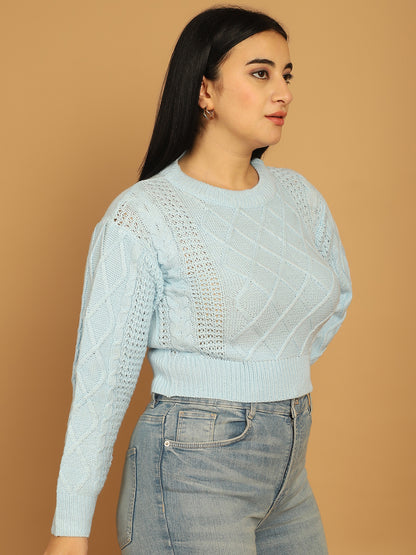 Acrylic Full Sky Blue Sleeve Crop Sweater