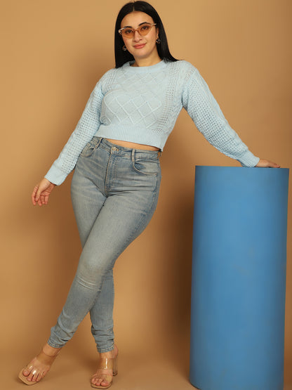 Acrylic Full Sky Blue Sleeve Crop Sweater