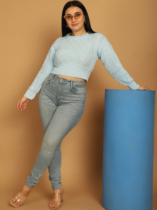 Acrylic Full Sky Blue Sleeve Crop Sweater