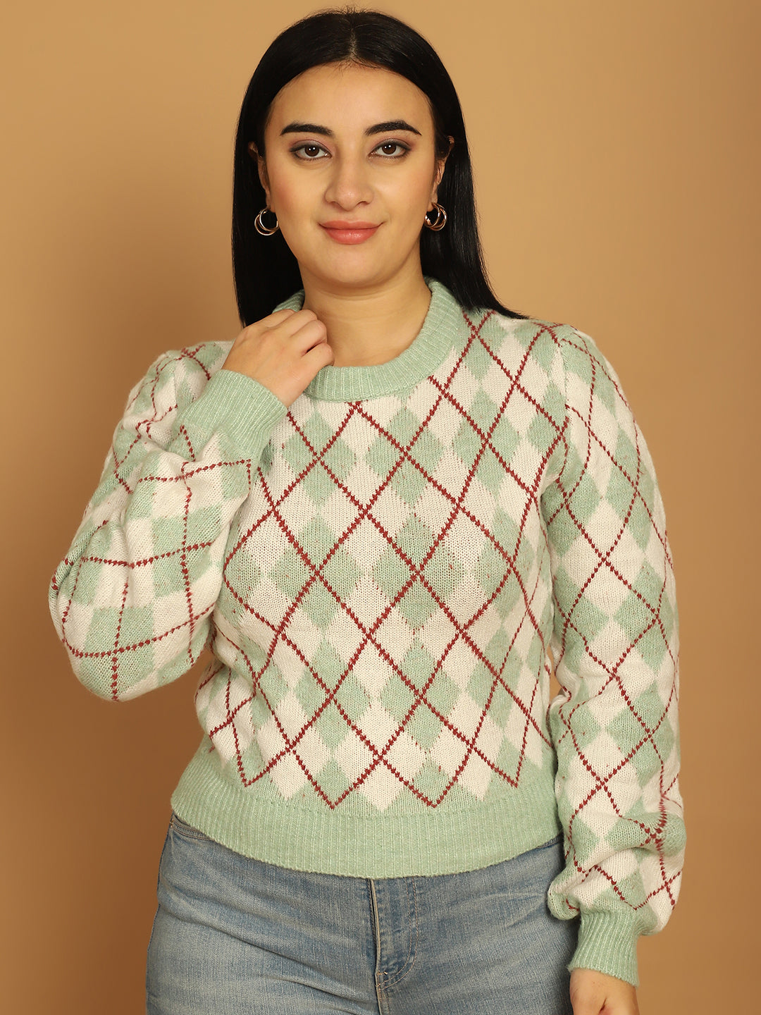 Acrylic Full Sleeve Geometric Light Green Sweater