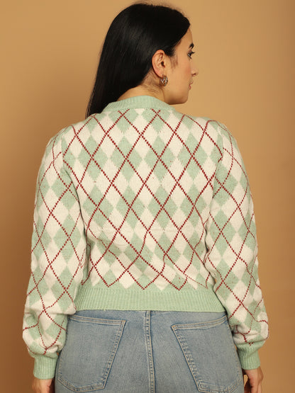 Acrylic Full Sleeve Geometric Light Green Sweater