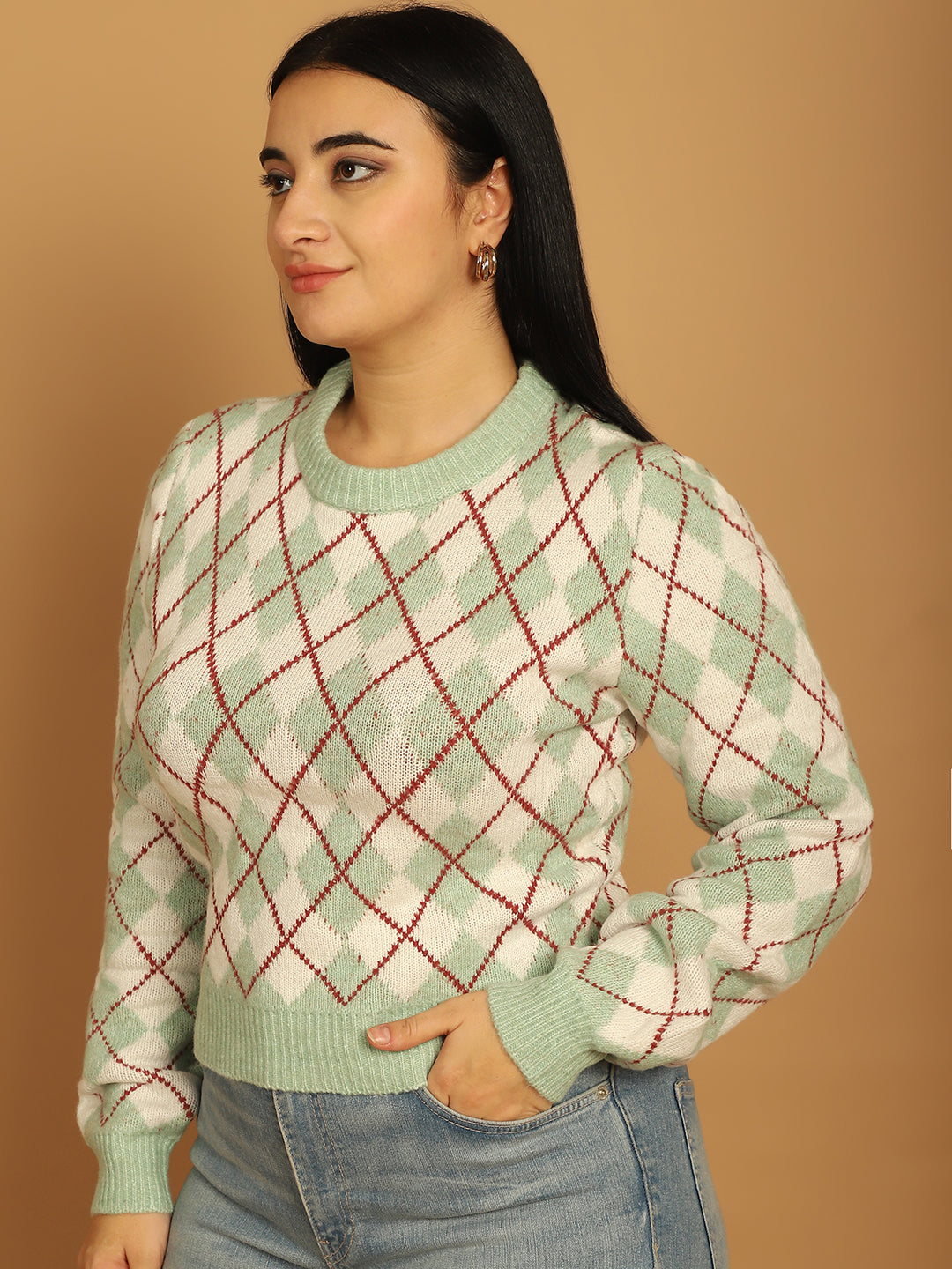 Acrylic Full Sleeve Geometric Light Green Sweater