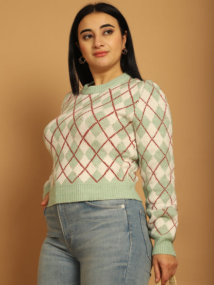 Acrylic Full Sleeve Geometric Light Green Sweater