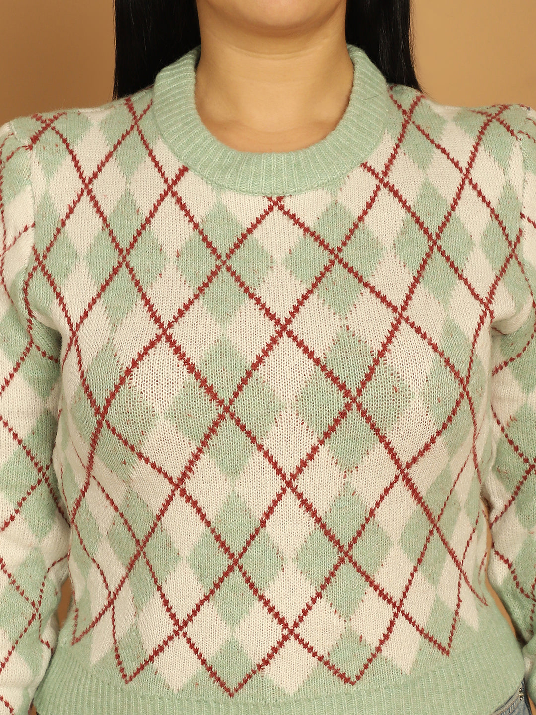 Acrylic Full Sleeve Geometric Light Green Sweater