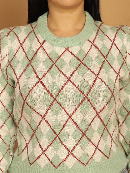 Acrylic Full Sleeve Geometric Light Green Sweater