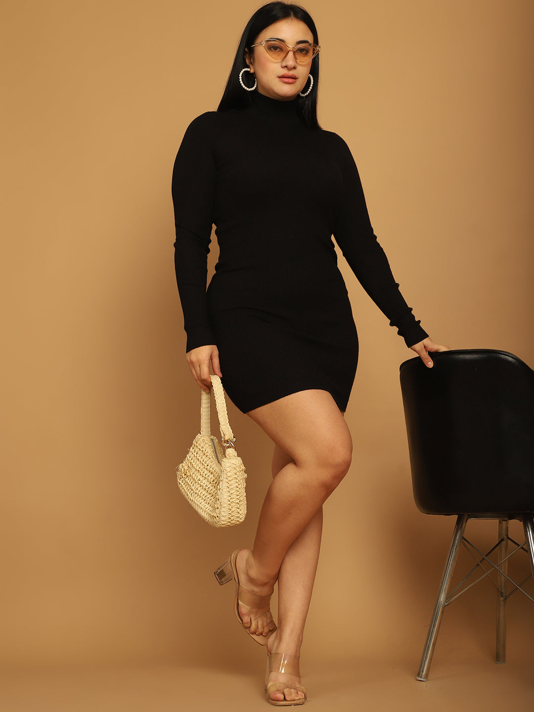 Acrylic Full Sleeve Solid Black Dress