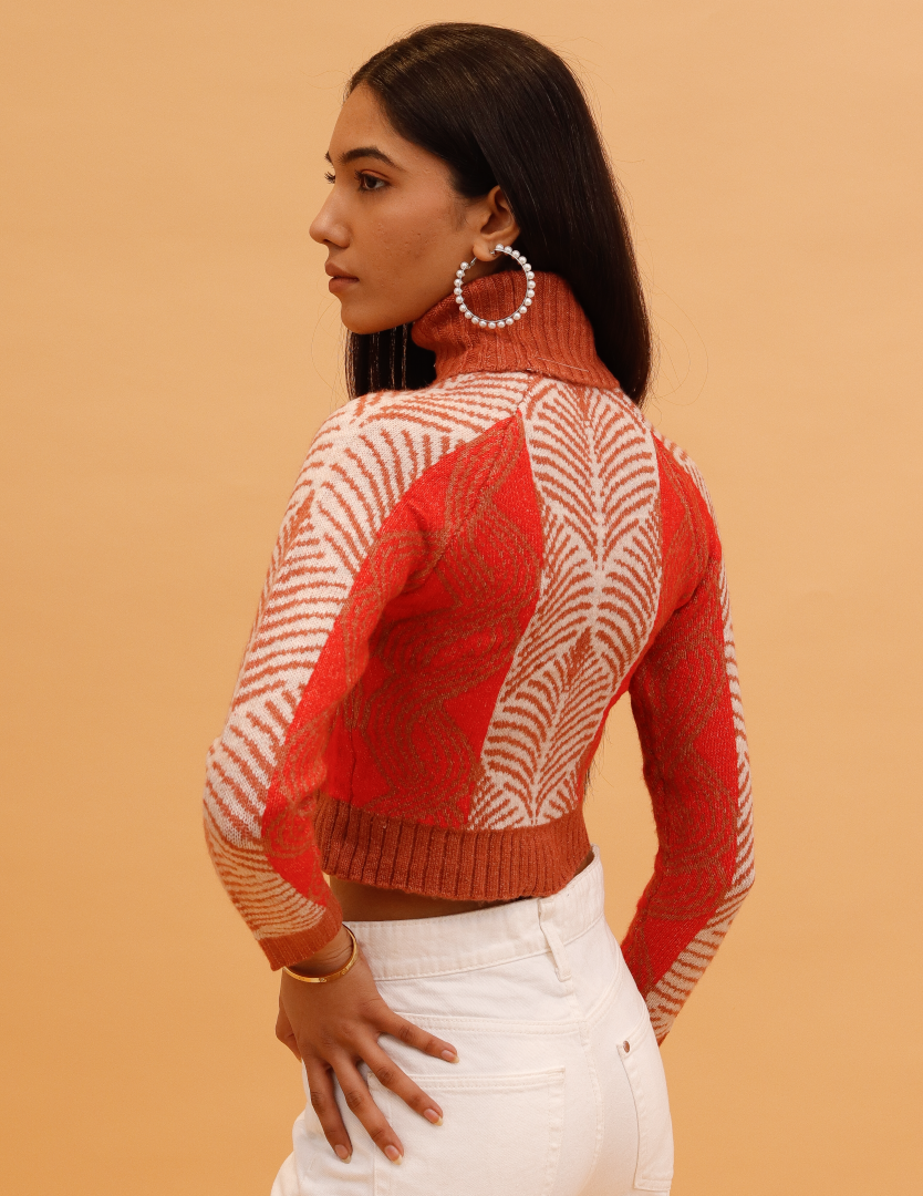 Acrylic Full Sleeve Printed Orange Sweater