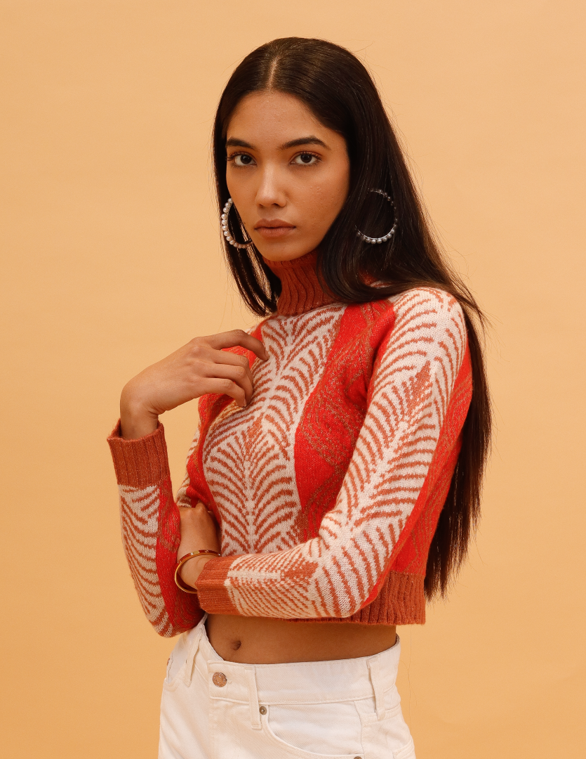 Acrylic Full Sleeve Printed Orange Sweater