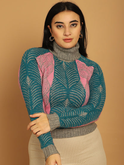 Acrylic Full Sleeve Printed Pink Sweater