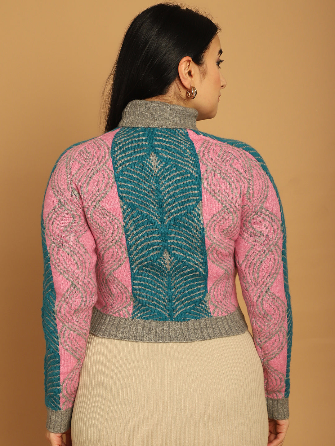 Acrylic Full Sleeve Printed Pink Sweater