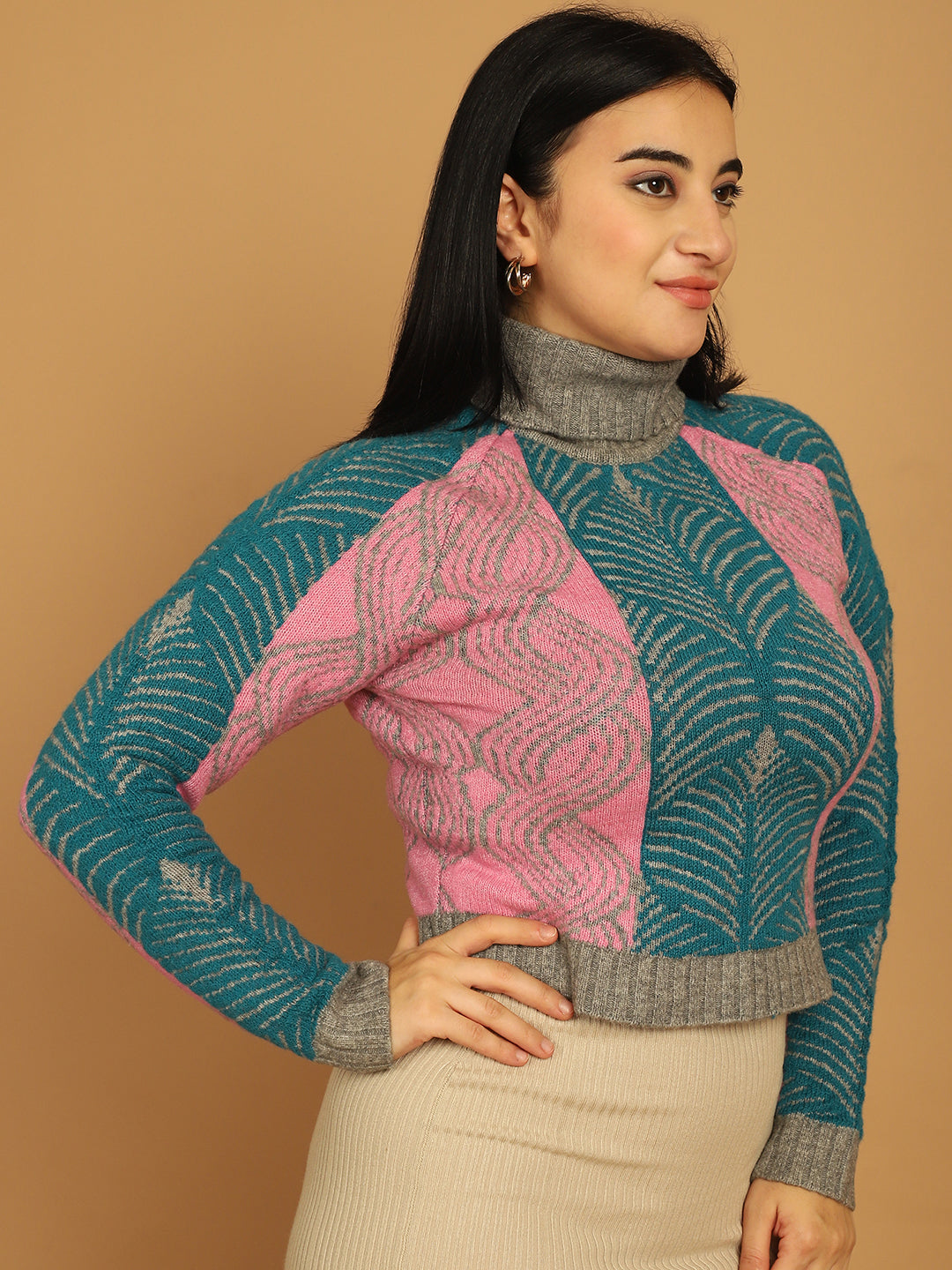 Acrylic Full Sleeve Printed Pink Sweater