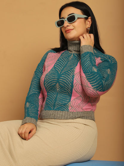 Acrylic Full Sleeve Printed Pink Sweater