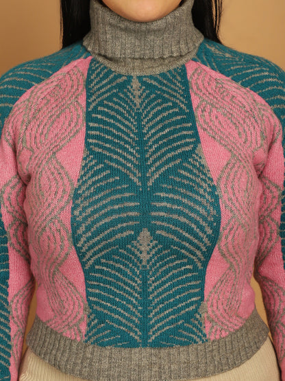 Acrylic Full Sleeve Printed Pink Sweater