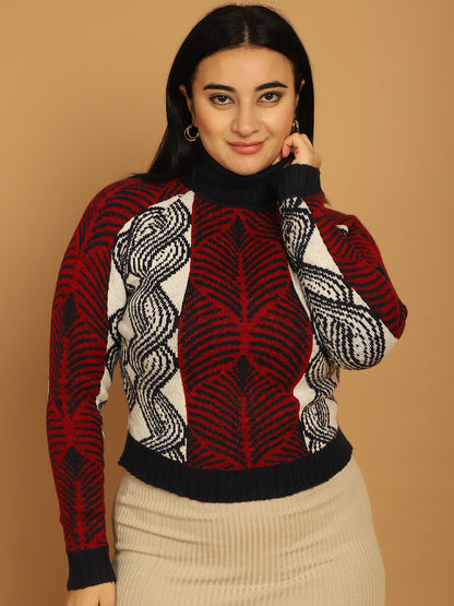 Acrylic Full Sleeve Printed Red Sweater