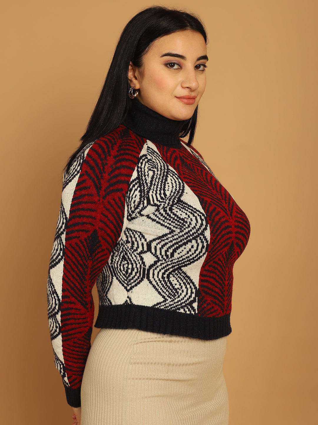 Acrylic Full Sleeve Printed Red Sweater